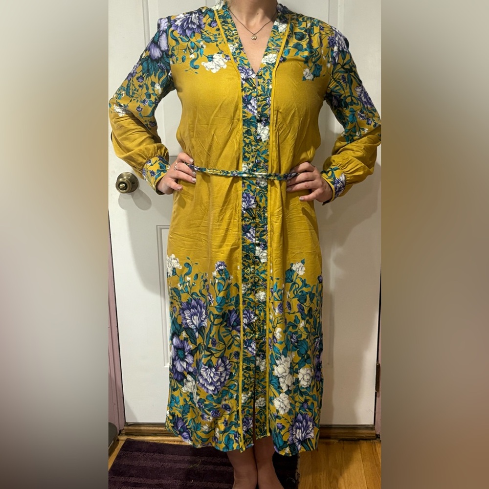 Anthropologie Yellow Floral Long Sleeve Dress